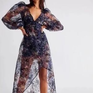 Free People x For Love & Lemons Sophia Sheer Puff Sleeve Midi Dress